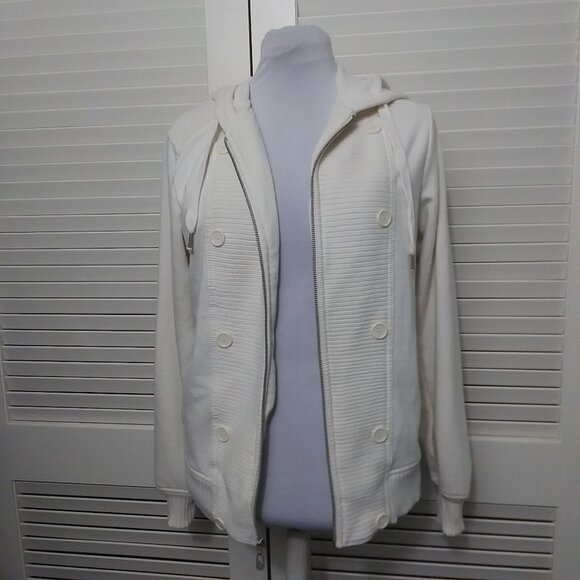 Guess Cream Full Zip Hoodie Button Ribbed Detail - Picture 10 of 13